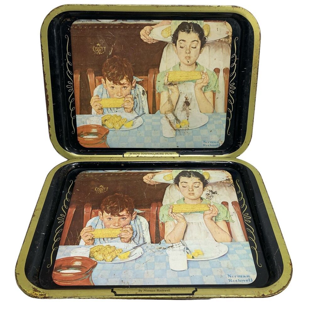 2 Metal Trays Rusty Norman Rockwell Who's Having More‎ Fun Kids Corn Vtg READ